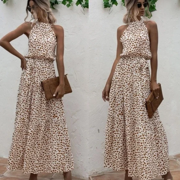Dresses | Boho Polka Dot Belted Layer Ruffle Halter Dress | Poshmark